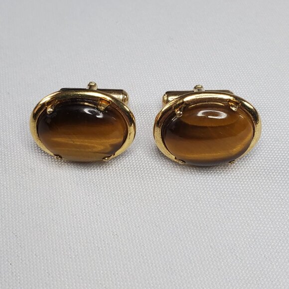Vintage Gold-Tone Oval Tiger Eye Gemstone Cufflinks For Men - Picture 14 of 15